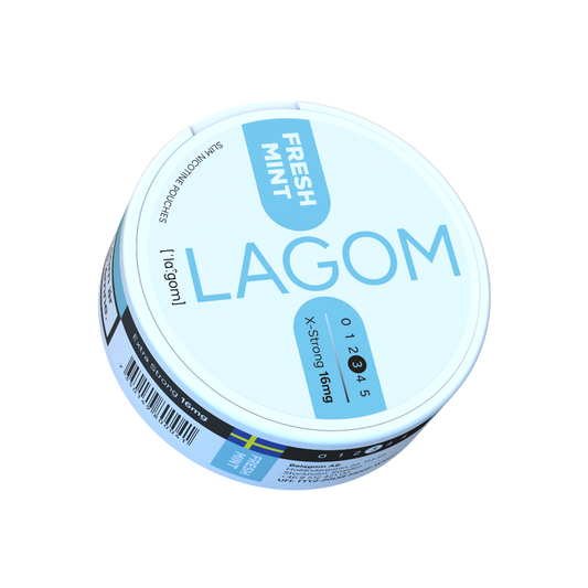 Detail close-up of Lagom Fresh Mint nicotine pouch packaging featuring a light blue and white circular container.