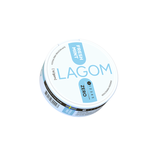 Detail close-up of Lagom Fresh Mint in a circular container with a light blue label on a transparent background
