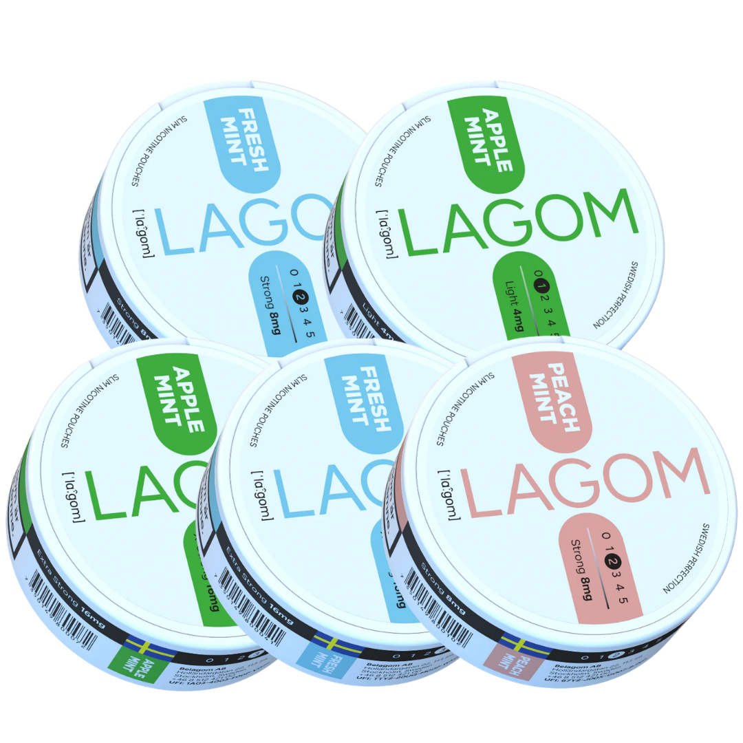 Front view of the Lagom Mixpack featuring round jars in white, green, pink, and blue on a transparent background