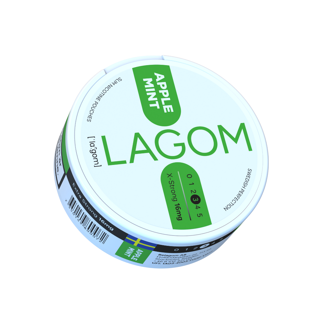 Detail close-up of the Lagom Apple Mint nicotine pouch in a circular container with a minimalist design, featuring green c…