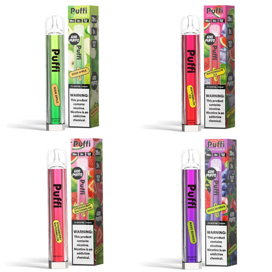Packaging shot of colorful vape pens in green, pink, purple, and yellow, showcasing a variety pack design.