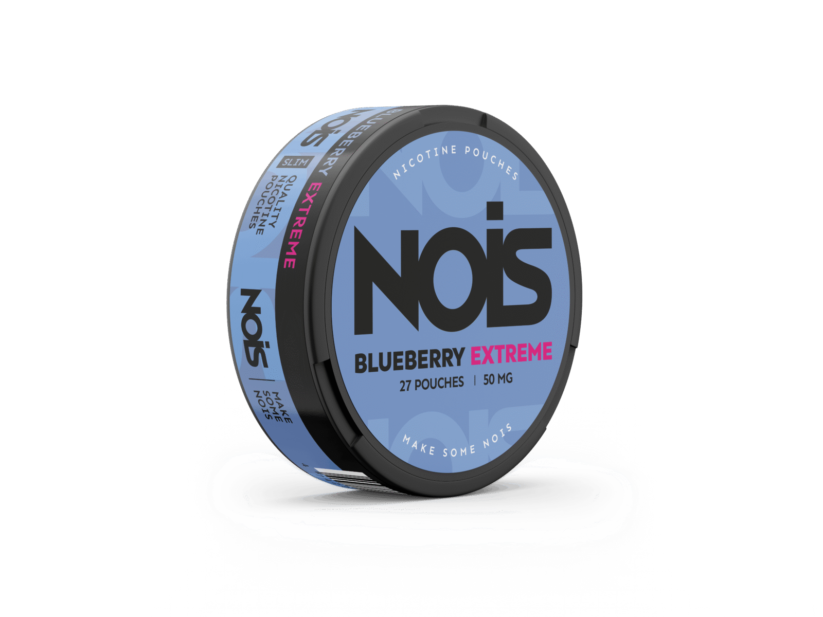 Side view of Nois Extreme Blueberry container featuring label text against a blue and black background.