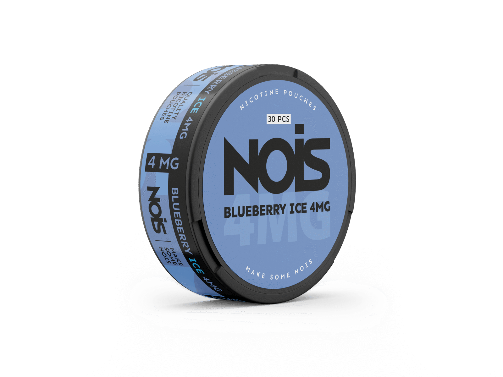 Detail close-up of the NOIS blueberry ice container featuring a round shape and blue and black label text.