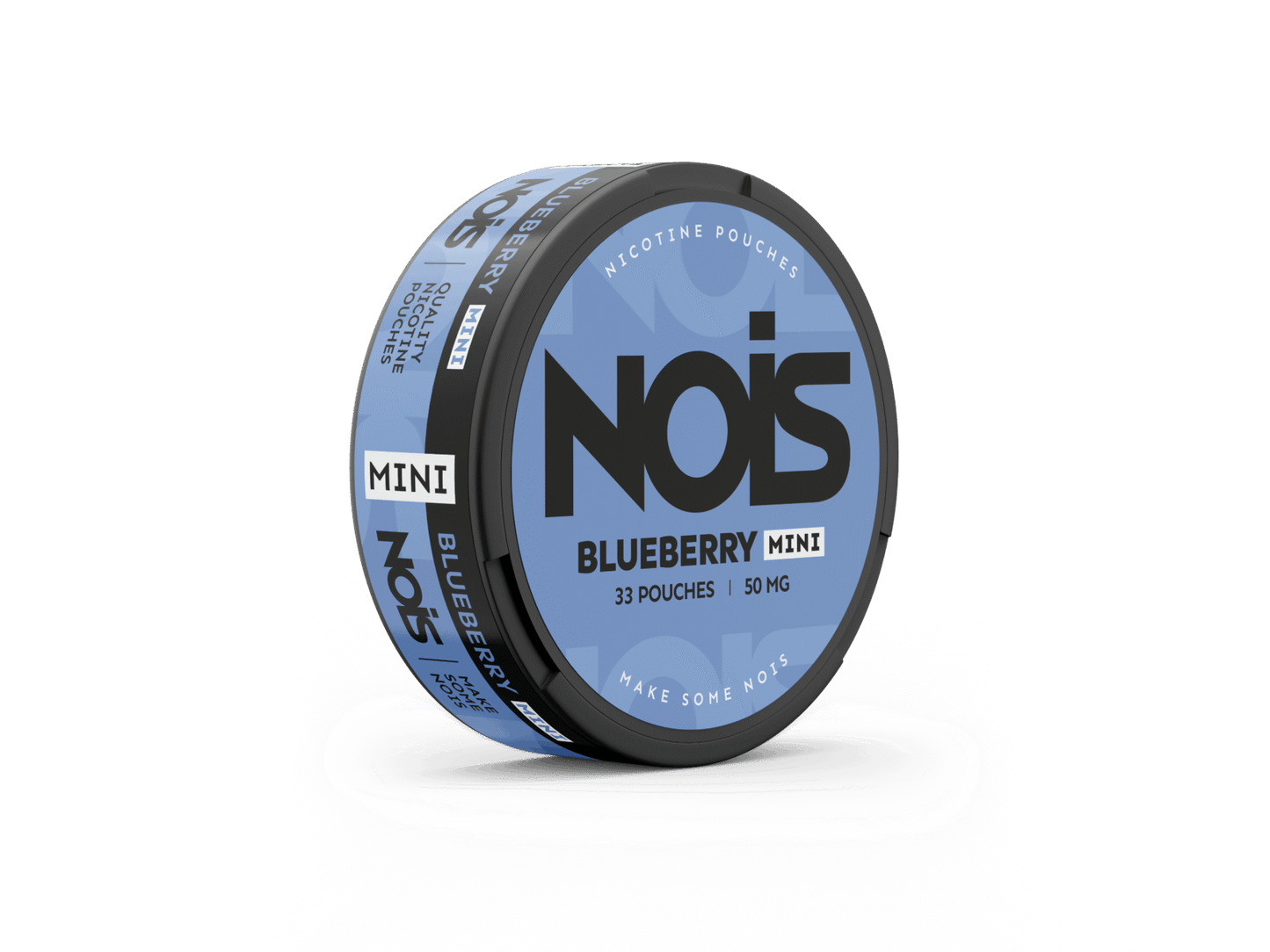 Front view of the blue circular container with label text on a transparent background