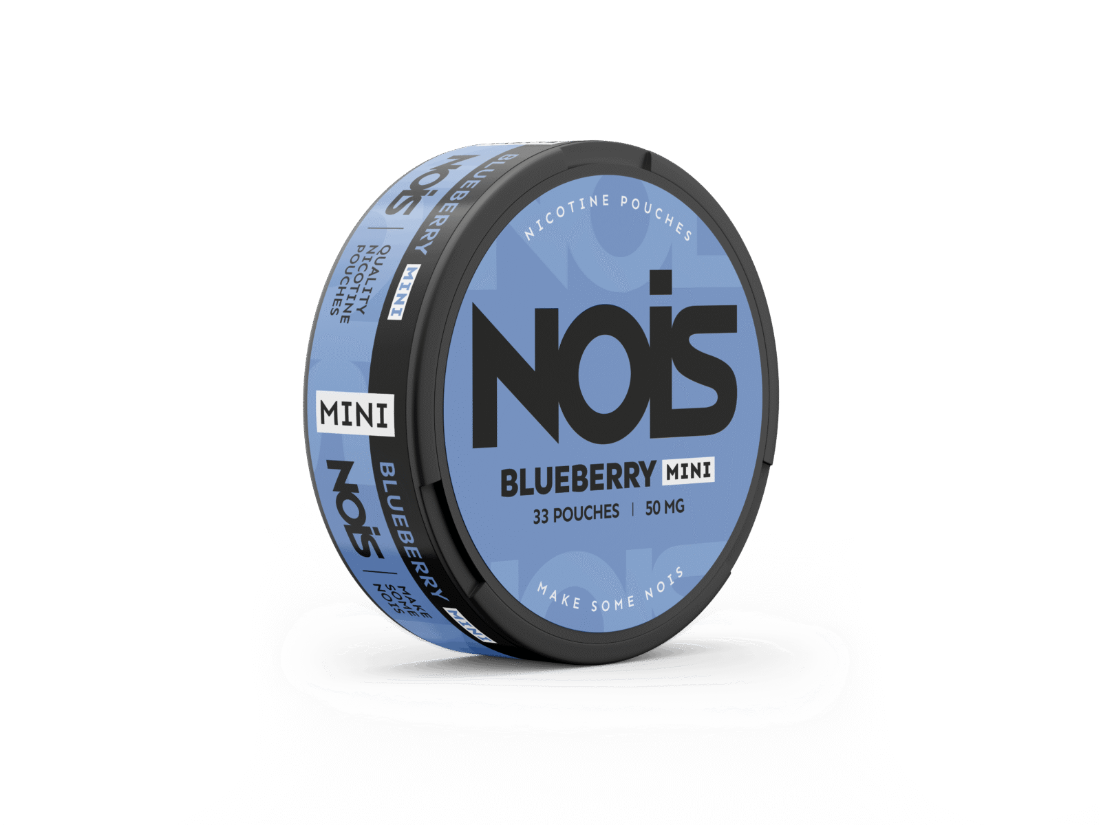 Front view of the blue circular container with label text on a transparent background