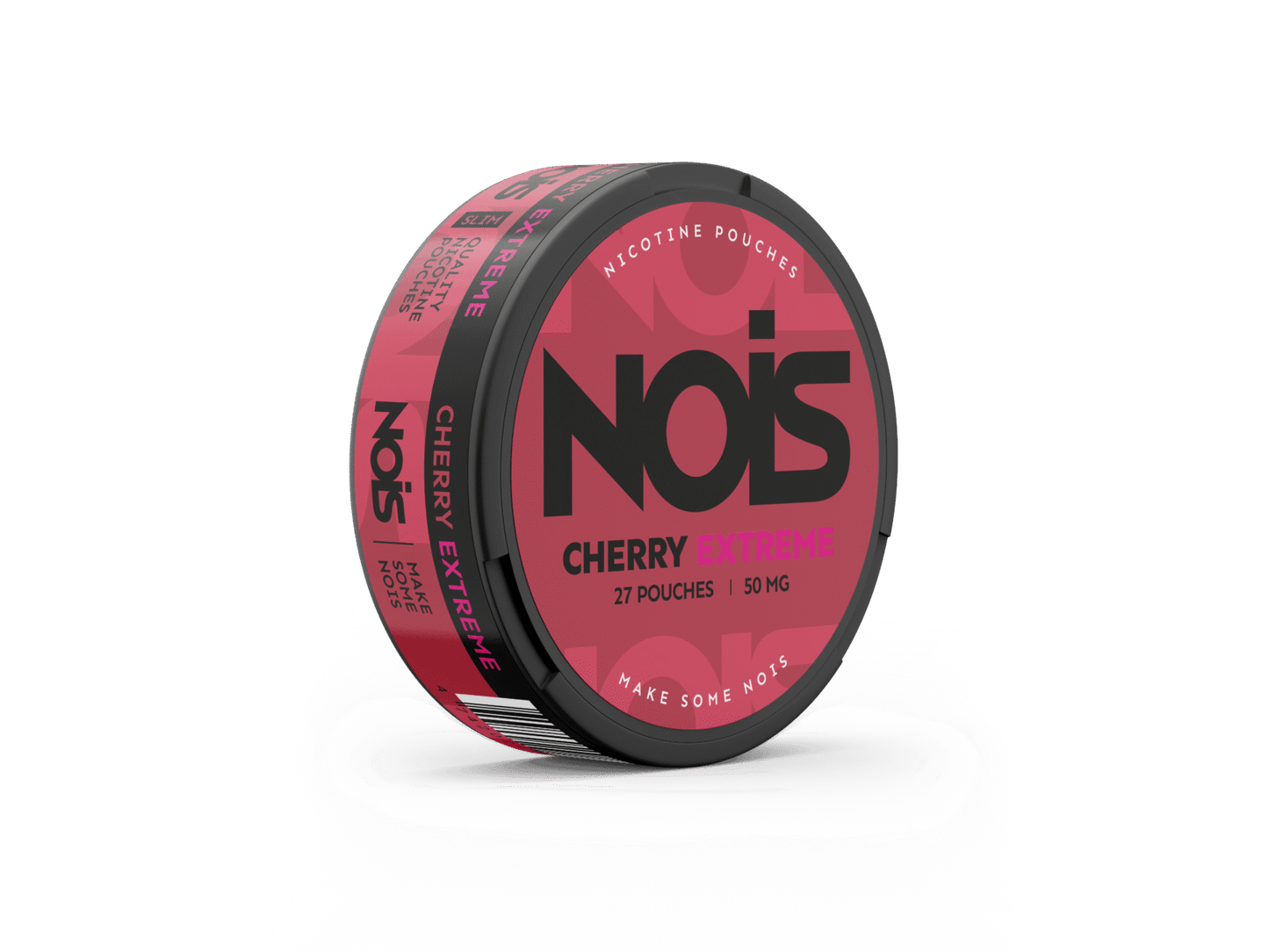 Side view of NOIS Extreme Cherry with a pink label design on a round container.