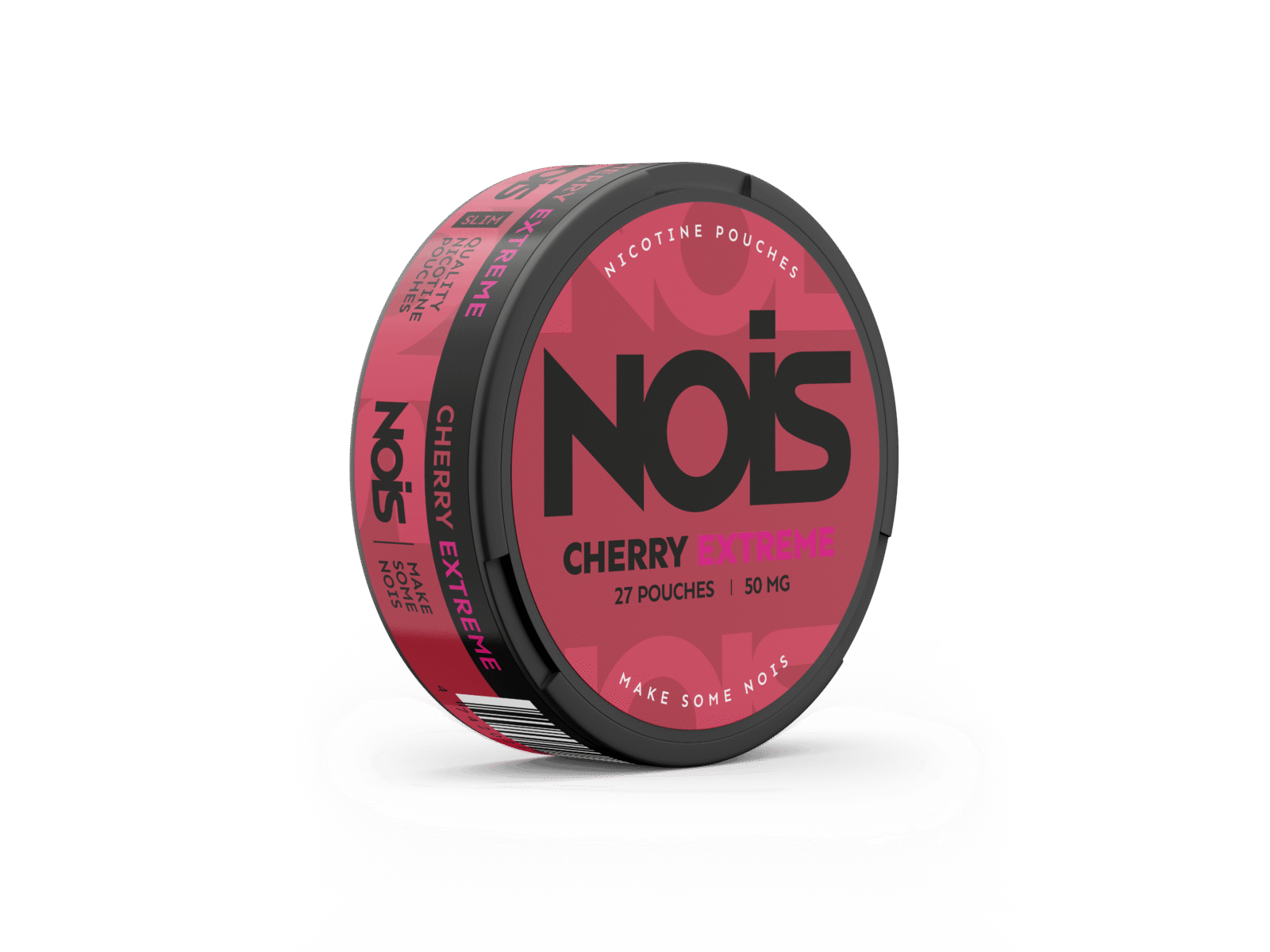 Side view of NOIS Extreme Cherry with a pink label design on a round container.