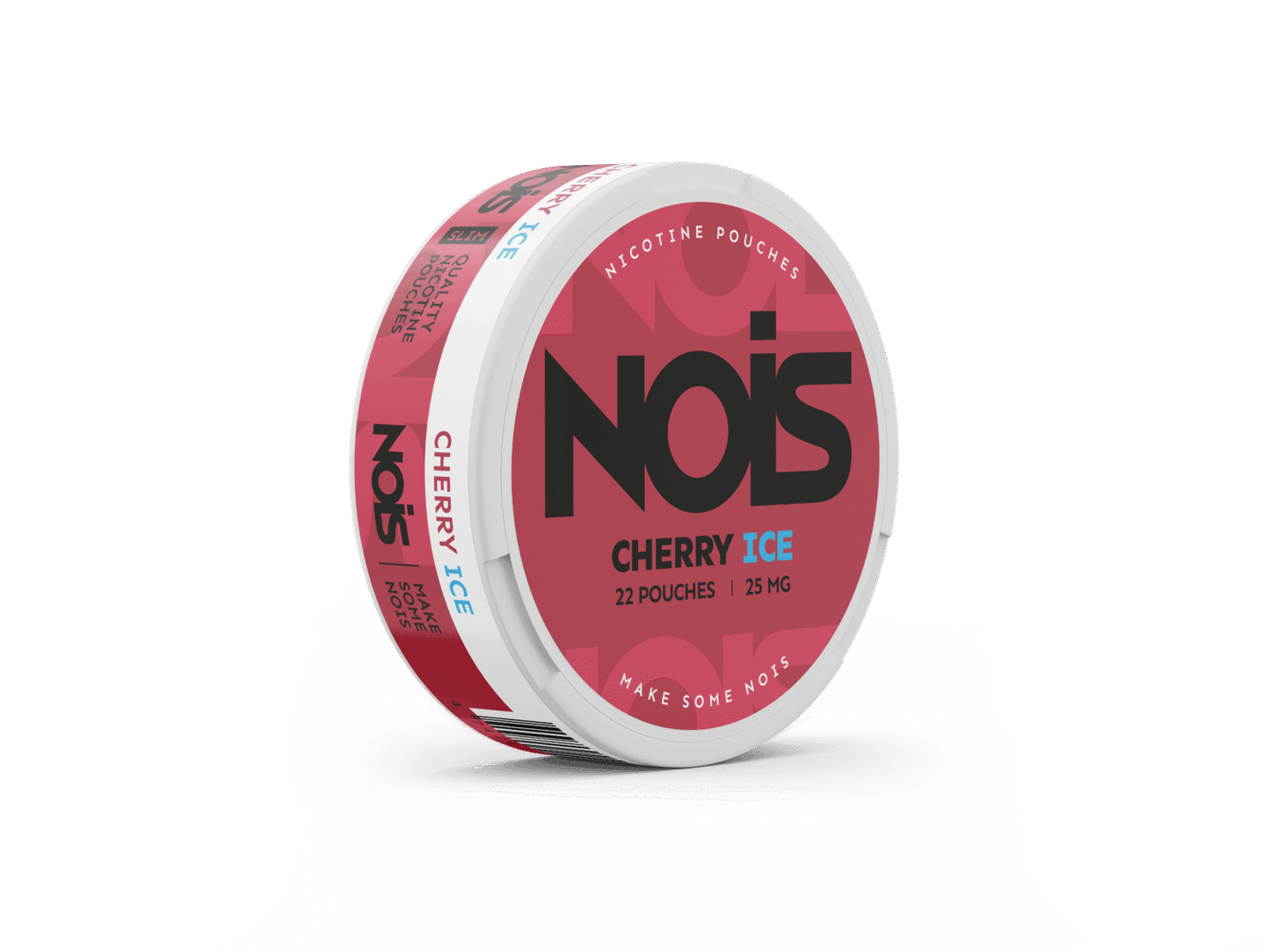 Side view of the NOIS Cherry Ice container featuring pink, black, and white design with flavor indication.