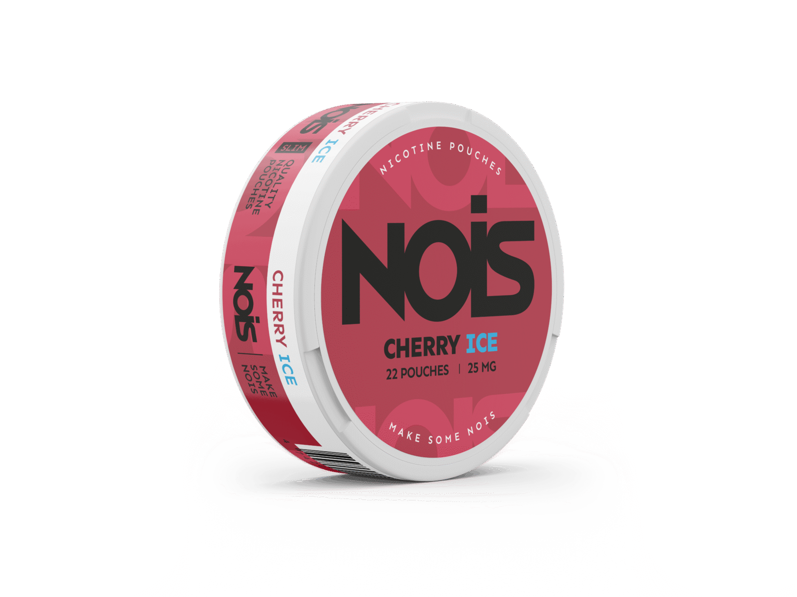 Side view of the NOIS Cherry Ice container featuring pink, black, and white design with flavor indication.