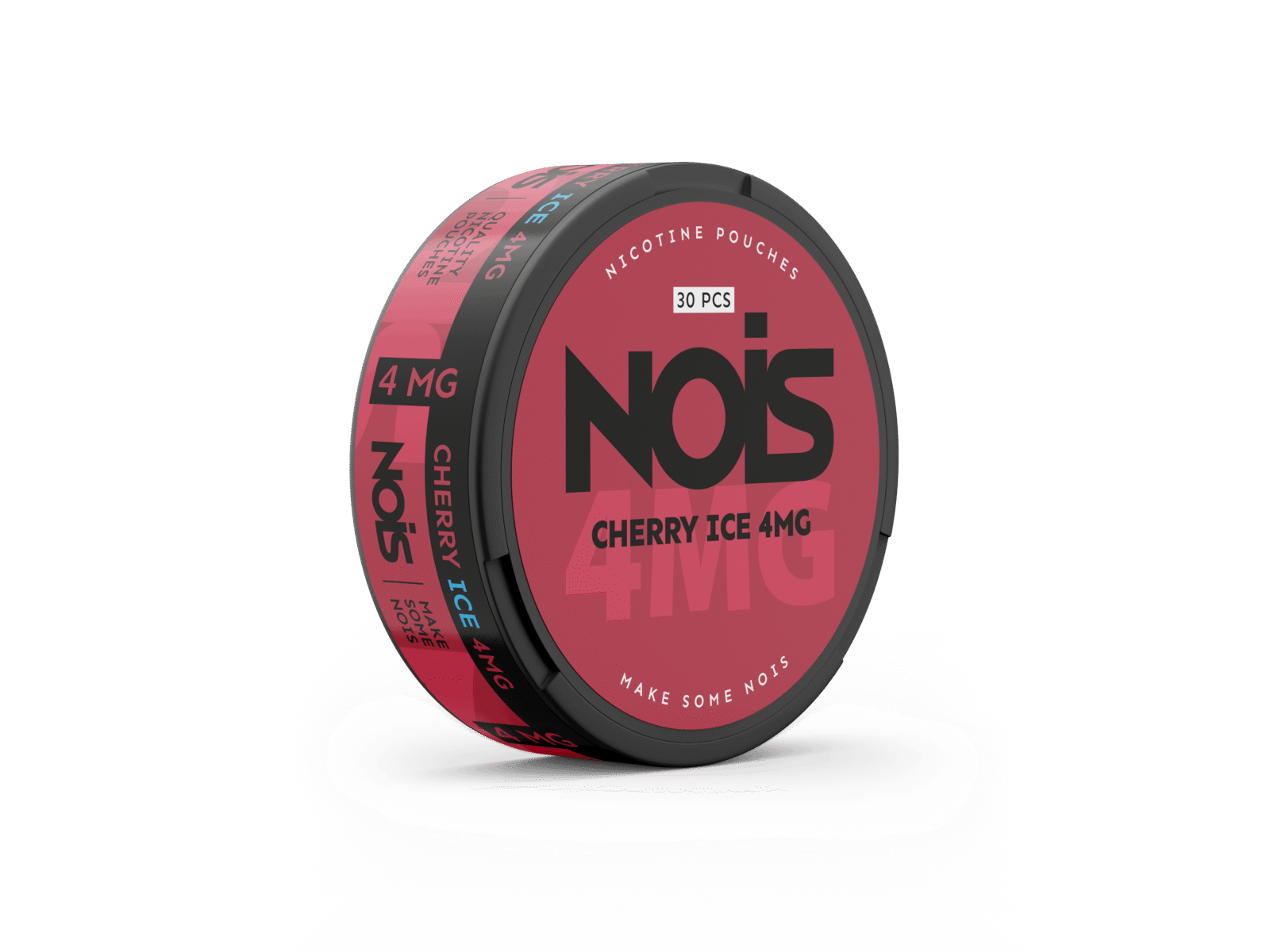 Front view of the NOIS cherry ice round tin featuring a red and black flavor label.