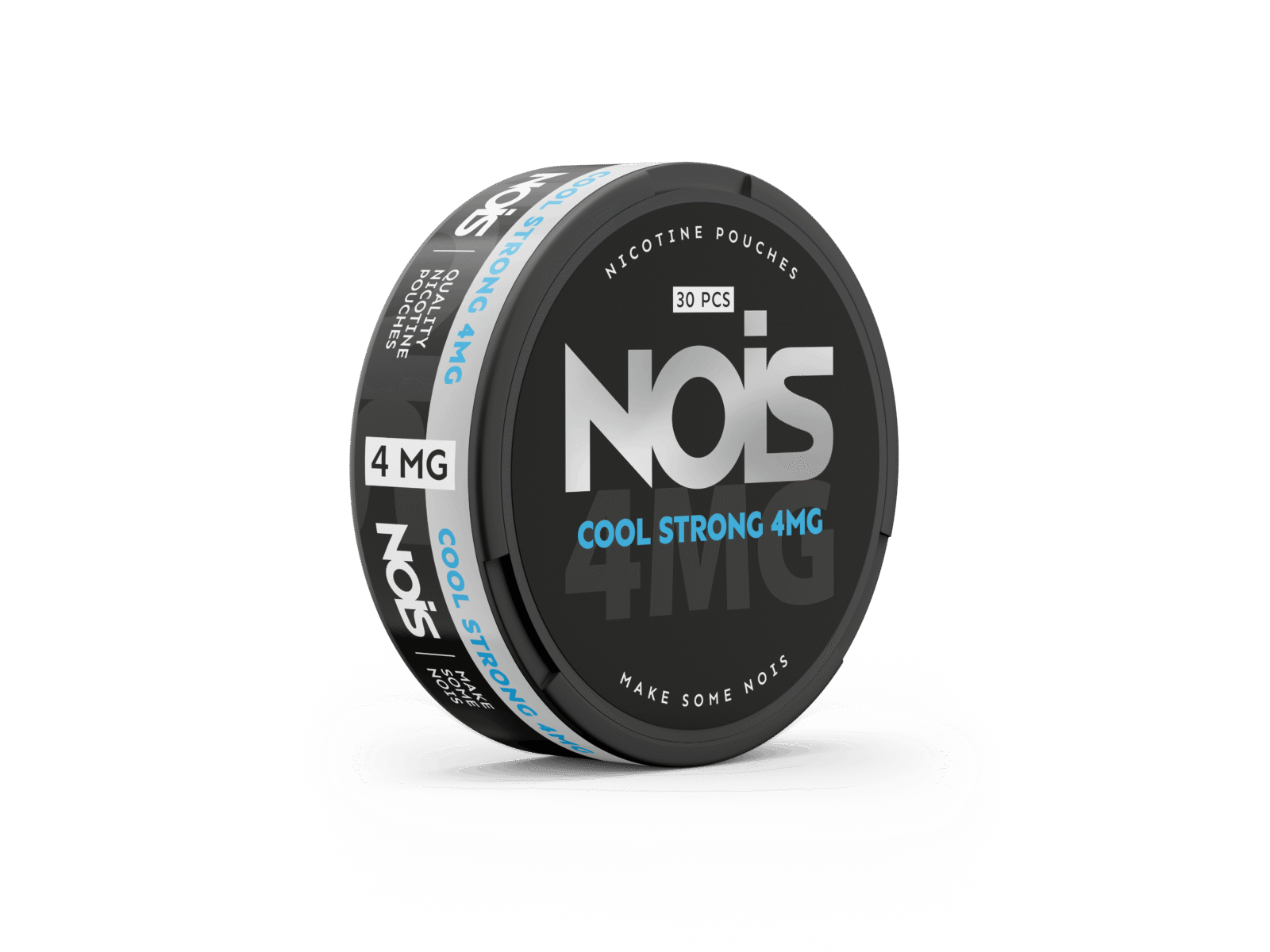 Side view of the black and white NOIS can showcasing cool strong flavor against a solid color background.