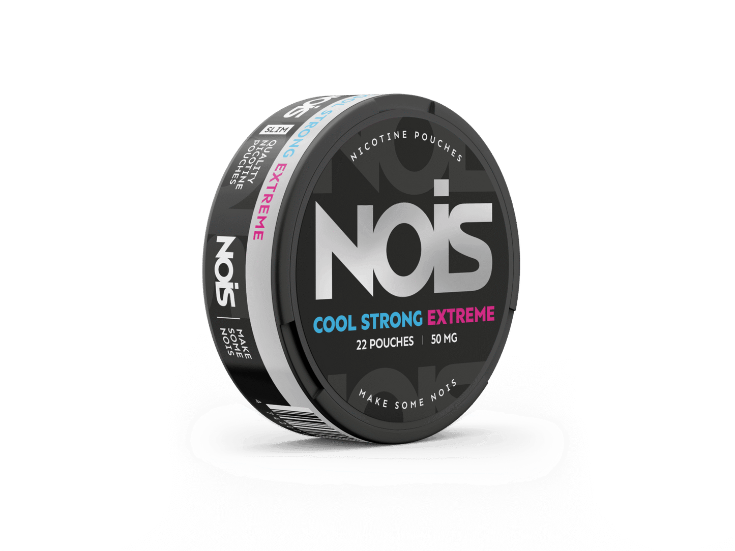 Side view of the Nois Cool Strong Extreme nicotine pouch featuring a black and pink round container with a transparent bac…