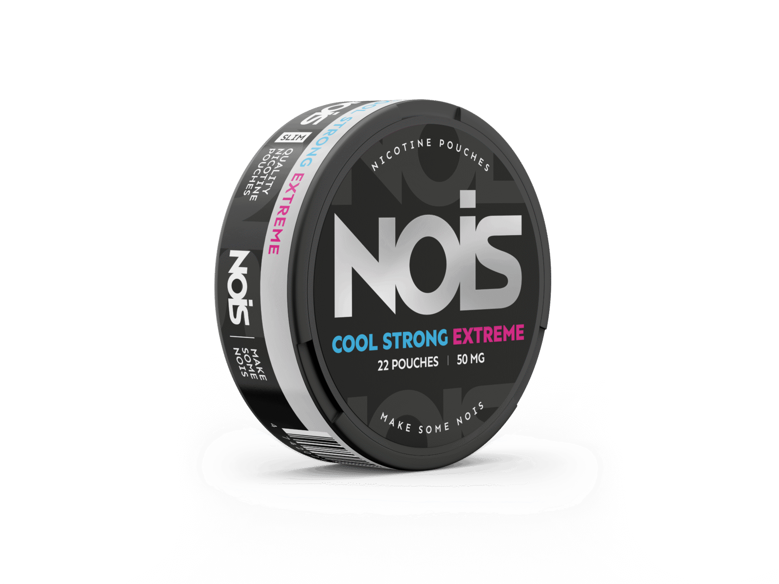 Side view of the Nois Cool Strong Extreme nicotine pouch featuring a black and pink round container with a transparent bac…
