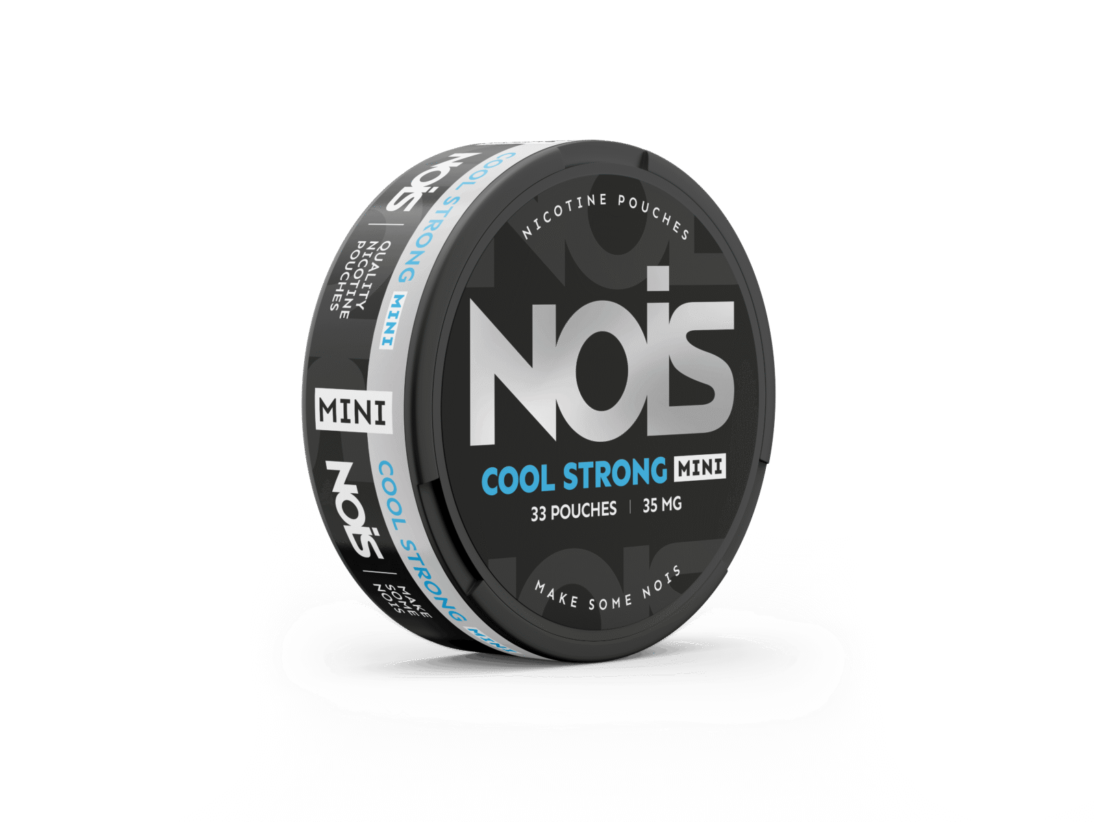 Side view of the black and blue round tin showcasing the label design for NOIS Cool Strong Mini.