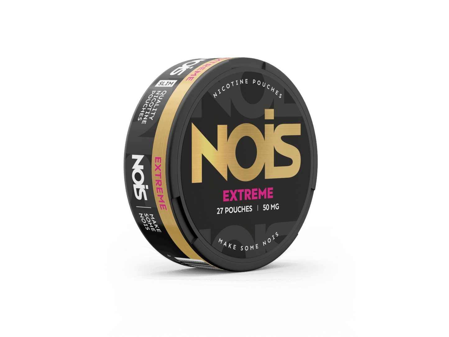 Front view of the black and pink round container with label design for Nois Extreme.