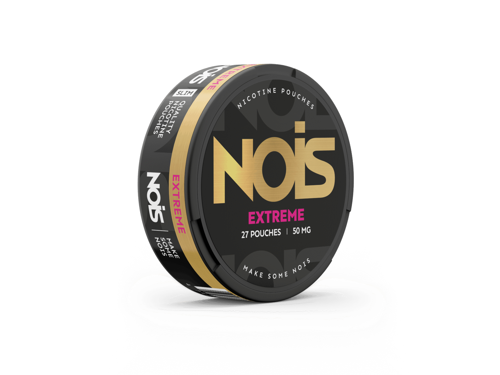 Front view of the black and pink round container with label design for Nois Extreme.