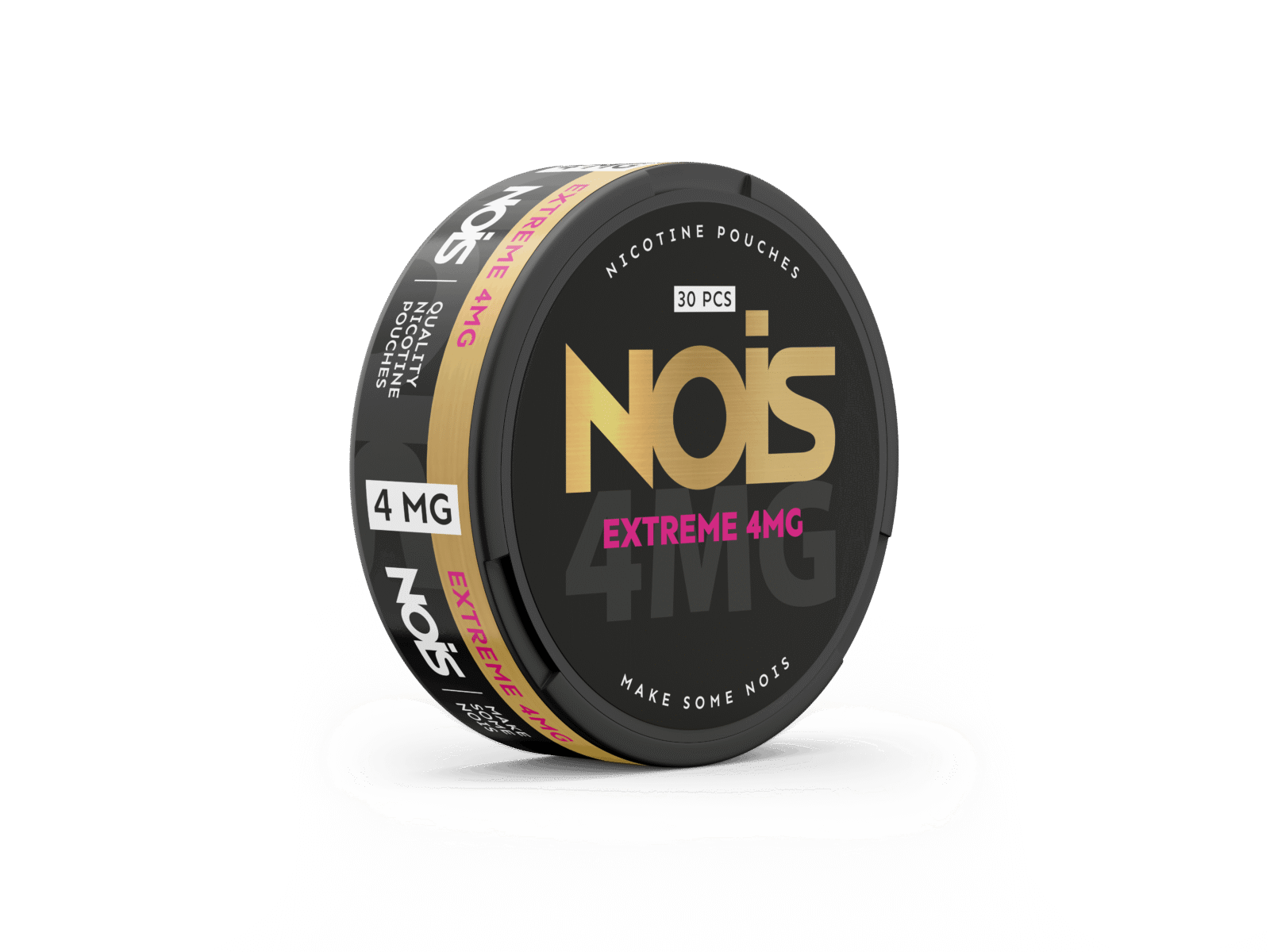 Side view of Nois Extreme 4mg pouch featuring minimalist black, gold, and pink design.