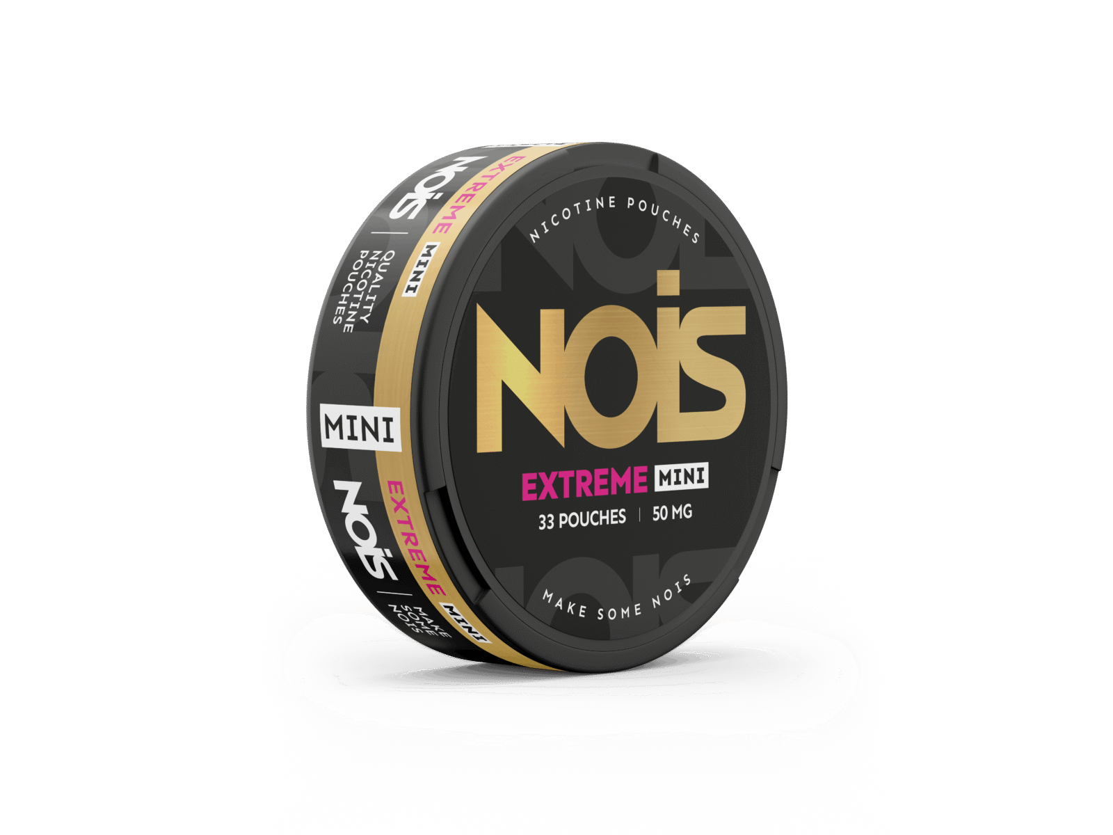 Side view of the round tin in black and gold, showcasing the mini size and label design.