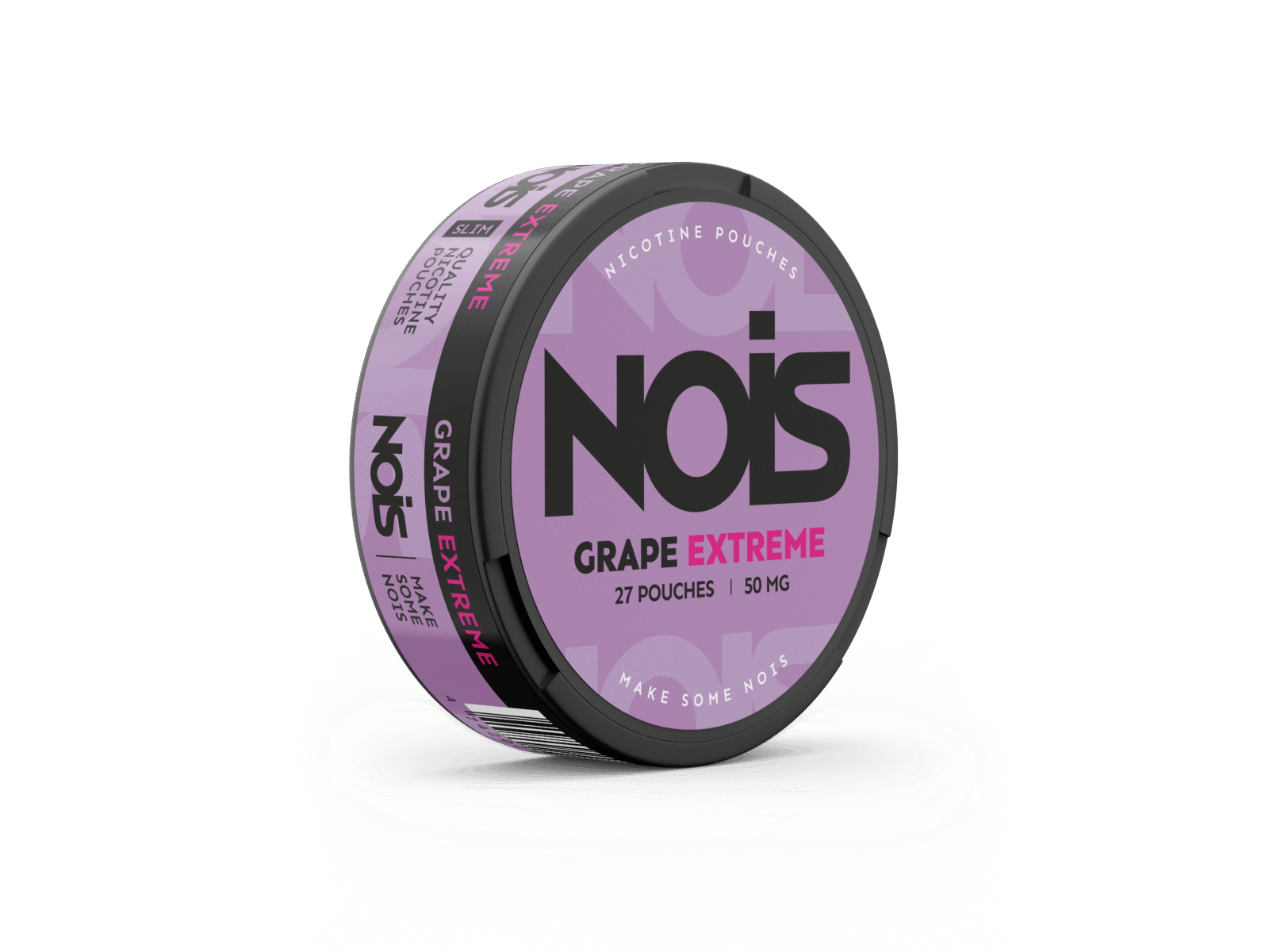 Side view of NOIS grape extreme with a purple and black circular container and grape flavor label.