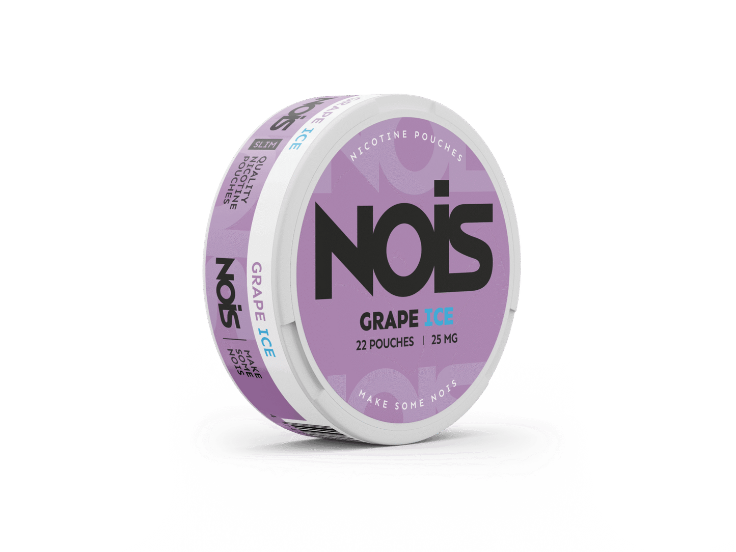 Side view of the NOIS Grape Ice container featuring a grape flavor label in purple, white, and black.