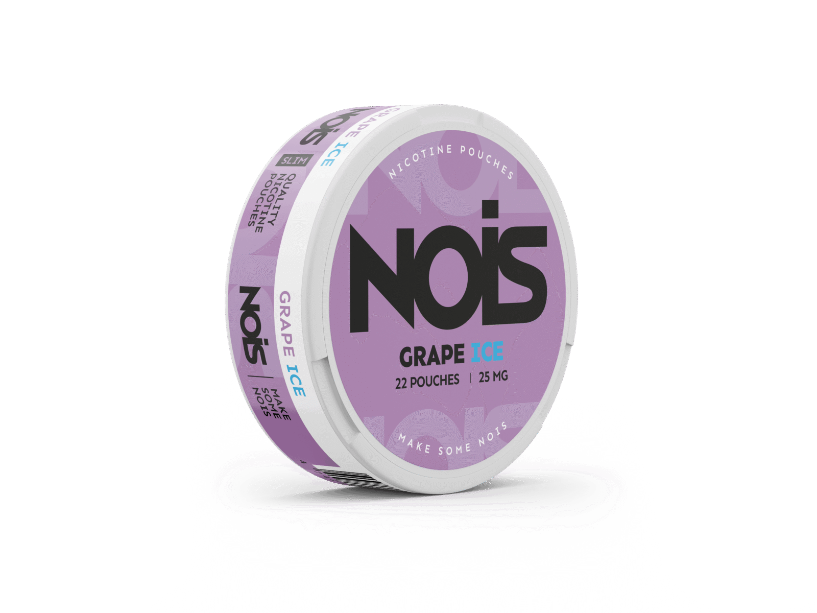 Side view of the NOIS Grape Ice container featuring a grape flavor label in purple, white, and black.