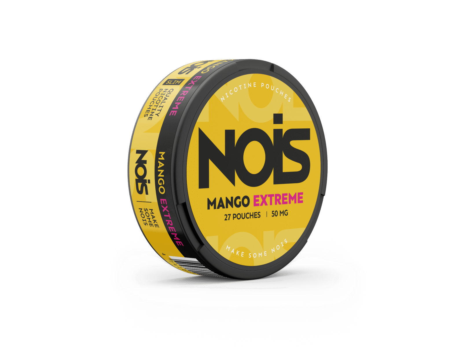 Front view of the yellow container highlighting mango flavor against a solid-color background.