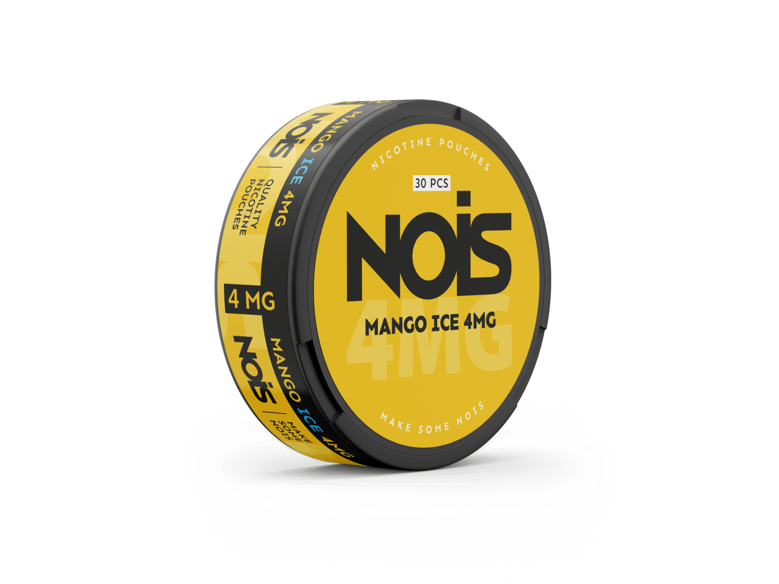 Side view of the Nois mango ice can in yellow and black featuring the flavor label.