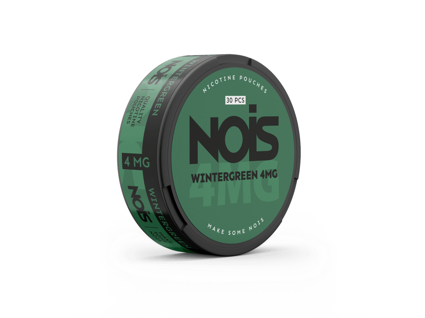 Side view of the green and black NOIS wintergreen can with label design on a solid color background