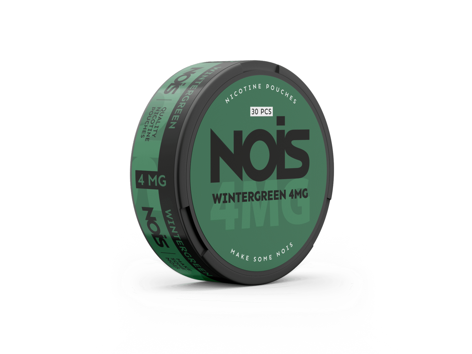 Side view of the green and black NOIS wintergreen can with label design on a solid color background