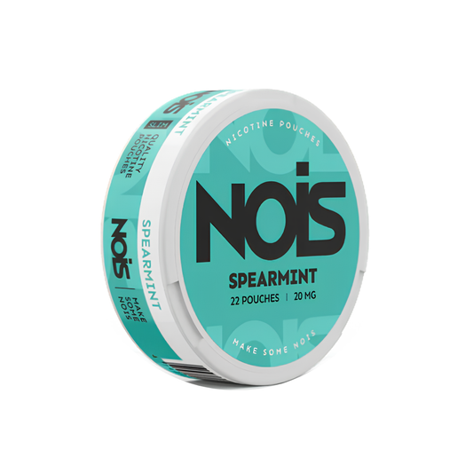 Detail close-up of Nois Spearmint Snus packaging featuring turquoise and white colors with a circular container.