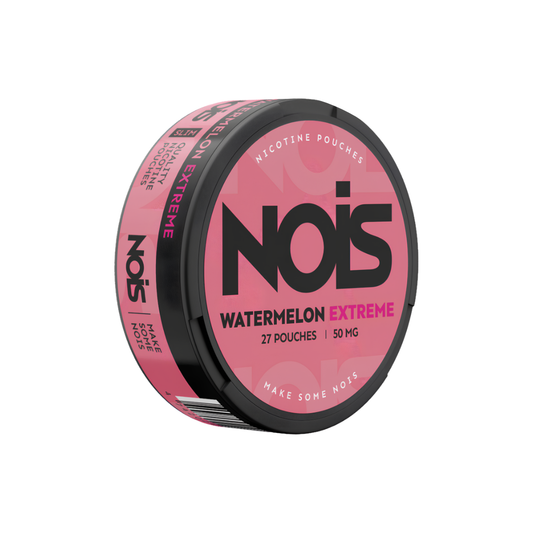 Front view of the NOIS Extreme Watermelon Ice packaging featuring pink and black colors.