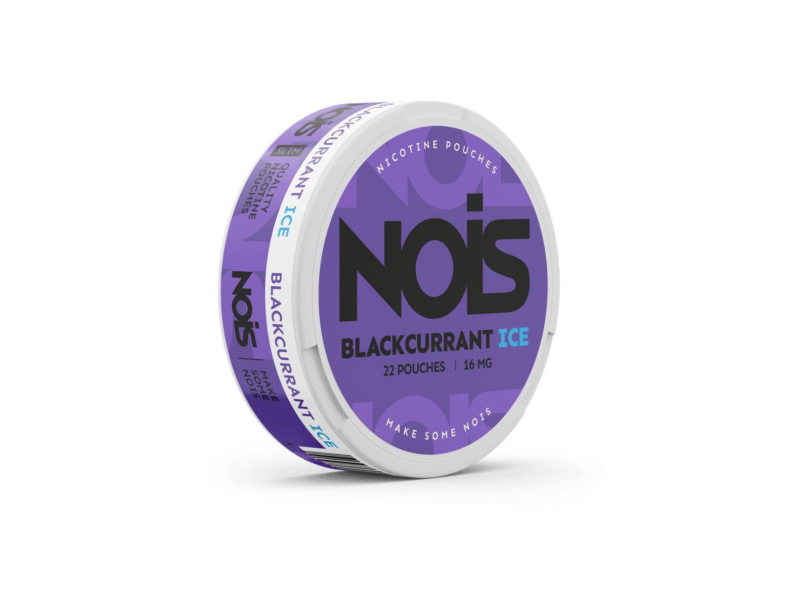 Side view of the purple Nois container showcasing flavor indication and brand logo against a white background.