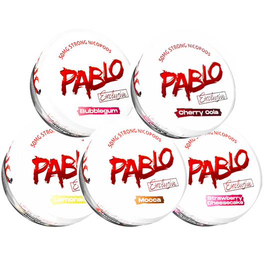 Packaging shot of Pablo Exclusive Mixpack featuring round cream containers in white, red, pink, and yellow with logo.