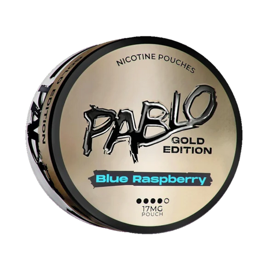 Front view of the round container for Pablo Gold Blue Raspberry, featuring bold text and a gold and blue color scheme.
