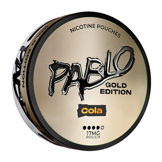 Front view of the Pablo Gold Edition Cola round tin featuring bold text on a transparent background