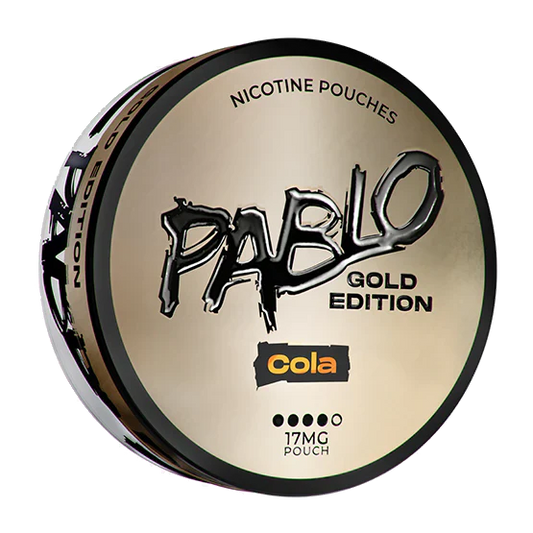 Front view of the Pablo Gold Edition Cola round tin featuring bold text on a transparent background