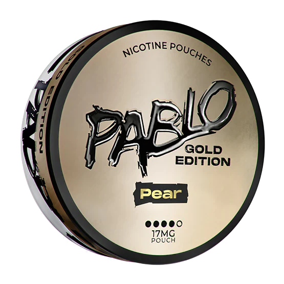 Close-up of the Pablo Gold Edition round tin showcasing its gold and black color scheme with bold text.