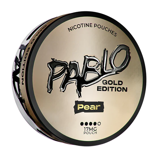 Close-up of the Pablo Gold Edition round tin showcasing its gold and black color scheme with bold text.