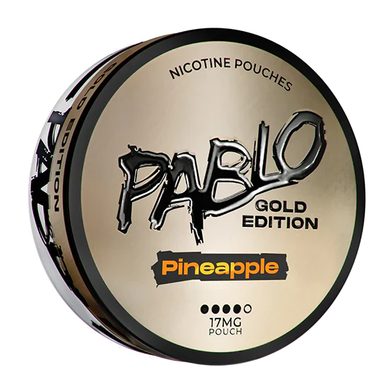 Front view of the limited edition PABLO Gold Edition Pineapple tin featuring bold gold and black text.