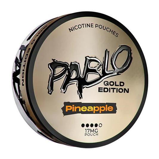 Front view of the limited edition PABLO Gold Edition Pineapple tin featuring bold gold and black text.