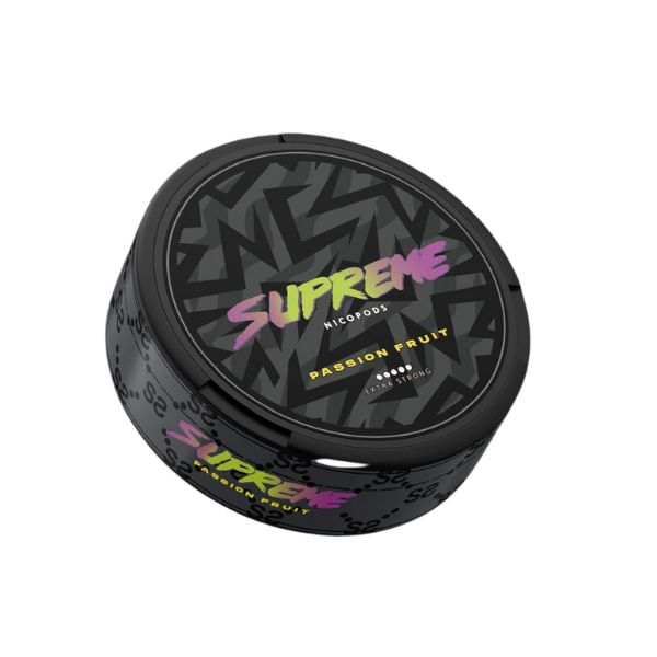 Circular container of Supreme Passion Fruit Snus in black, purple, and yellow with graphic design on a white background.
