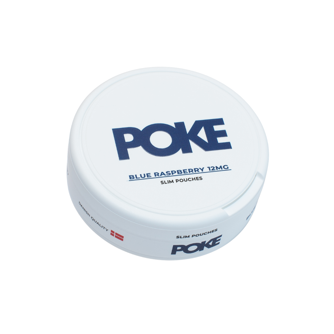 Detail close-up of Poke Blue Raspberry nicotine pouch packaging featuring a round container with a screw top and blue acce…