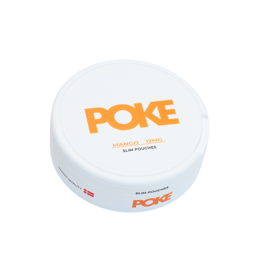 Detail close-up of the round container of Poke Mango with orange label on a white background