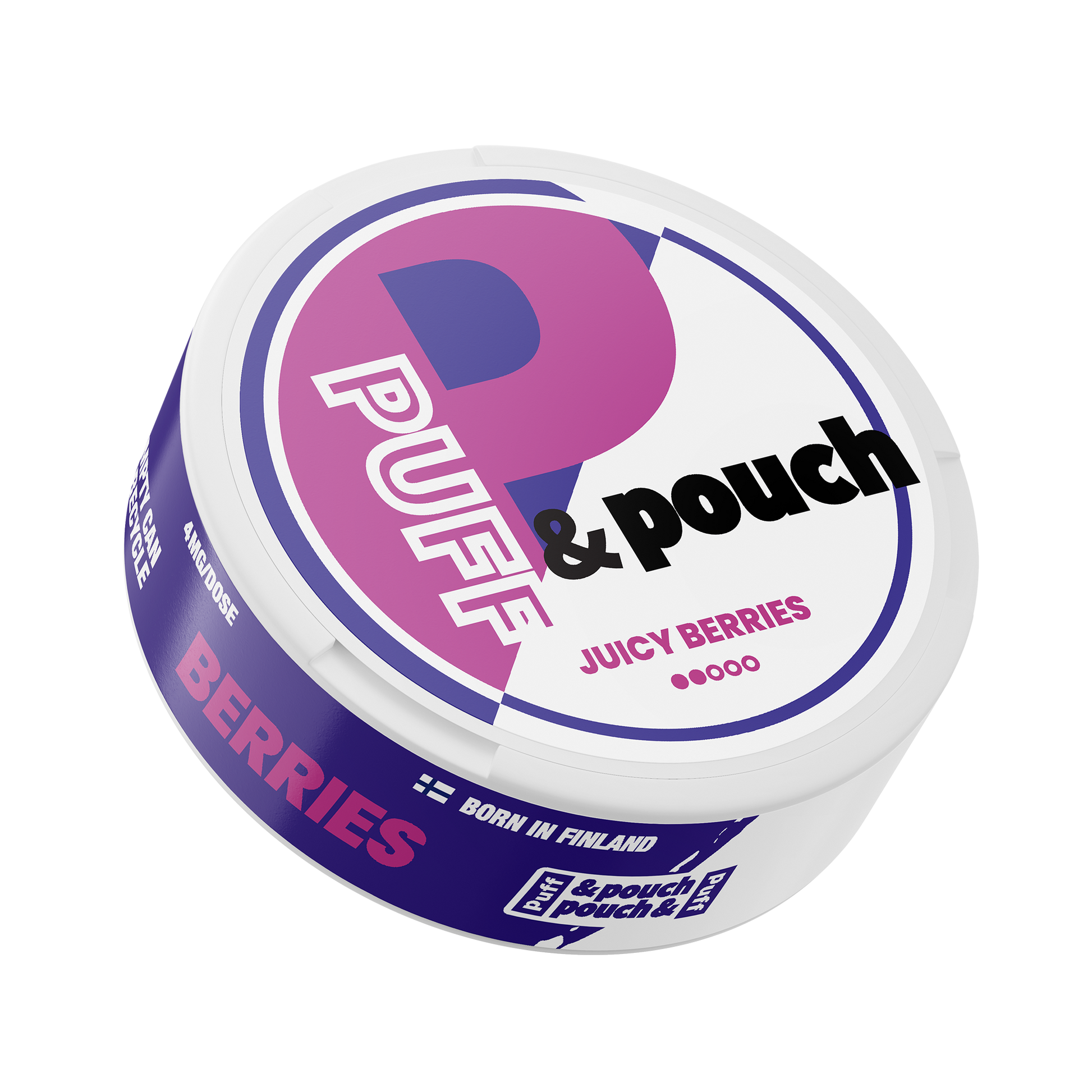 Front view of Puff Pouch in a circular tin featuring Juicy Berries flavor, with pink and purple colors.