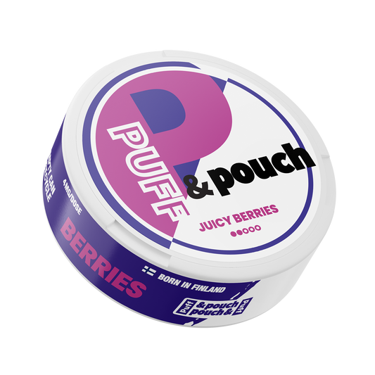 Front view of Puff Pouch in a circular tin featuring Juicy Berries flavor, with pink and purple colors.