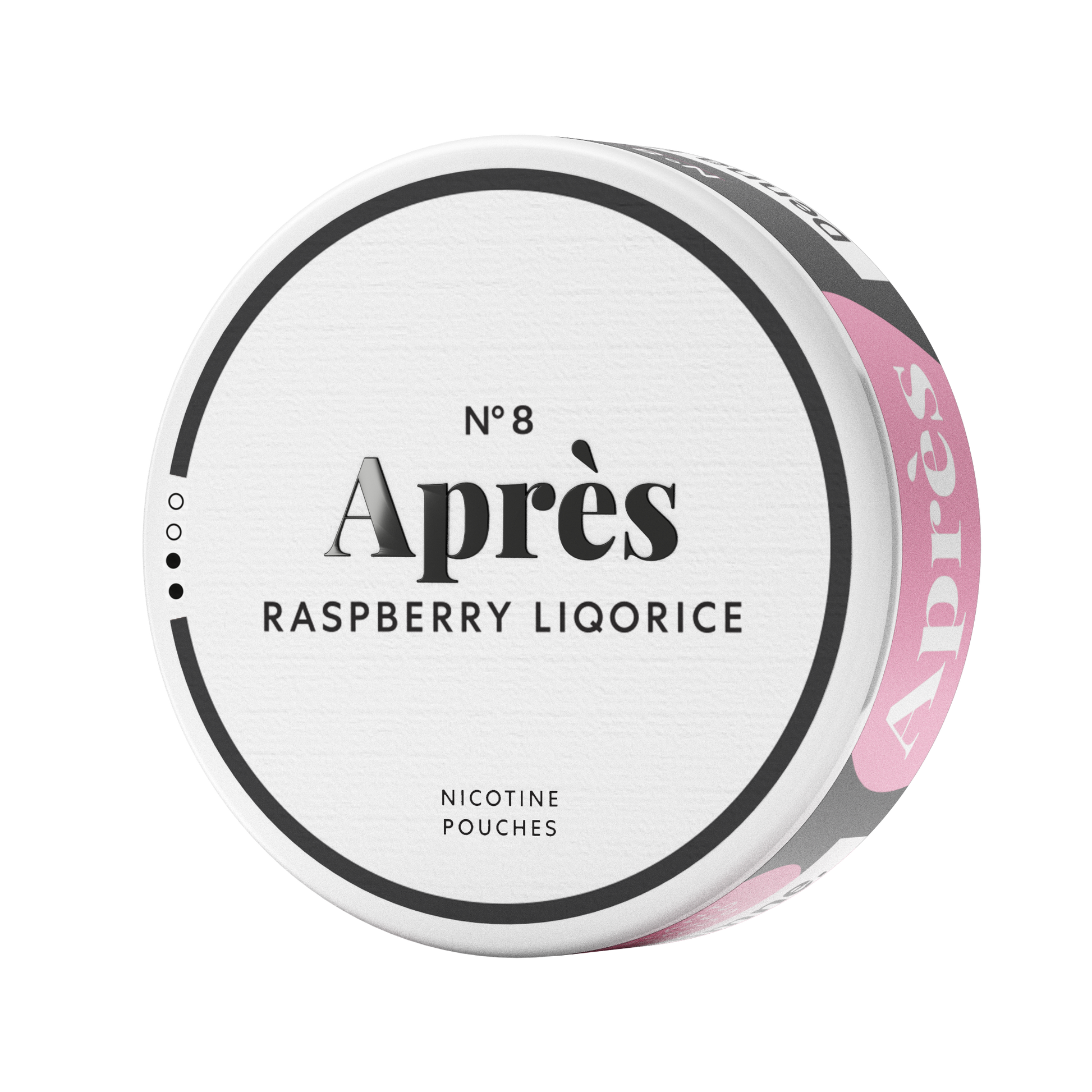 Packaging shot of a circular tin featuring raspberry licorice, with a pink and white color scheme.