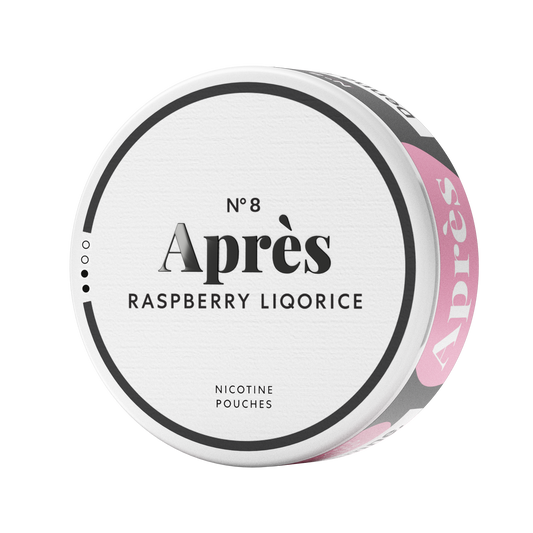 Packaging shot of a circular tin featuring raspberry licorice, with a pink and white color scheme.