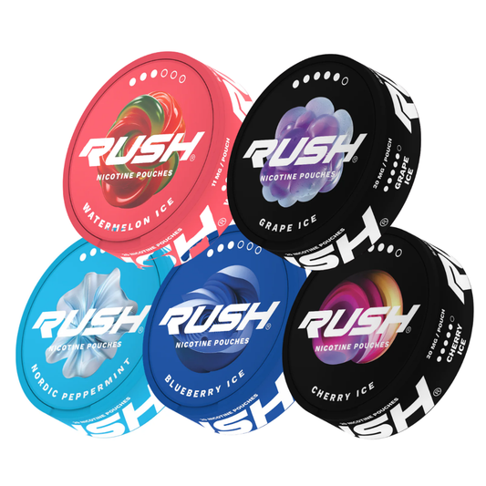 Variety of round containers showcasing Rush nicotine pouches in pink, black, blue, and white with branding.