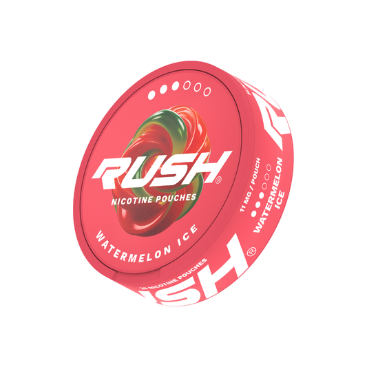 Front view of Rush Watermelon Ice Pro pouch in a circular container with bold branding and watermelon graphic on a white b…