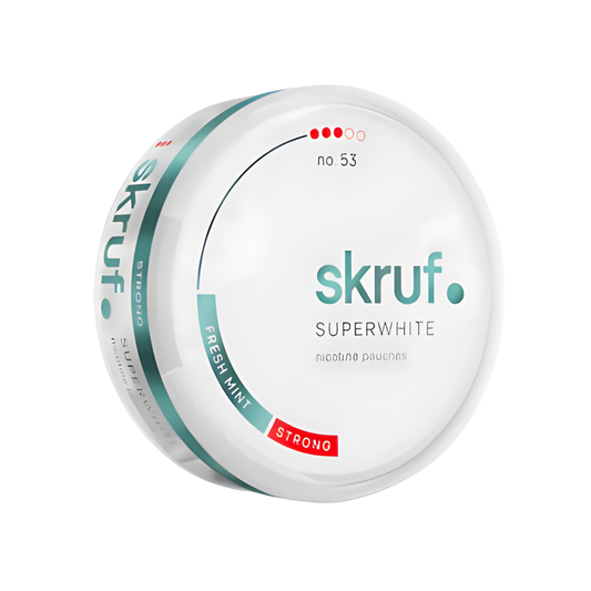 Detail close-up of the round Skruf Superwhite No. 53 Fresh Mint can with teal and red label design.